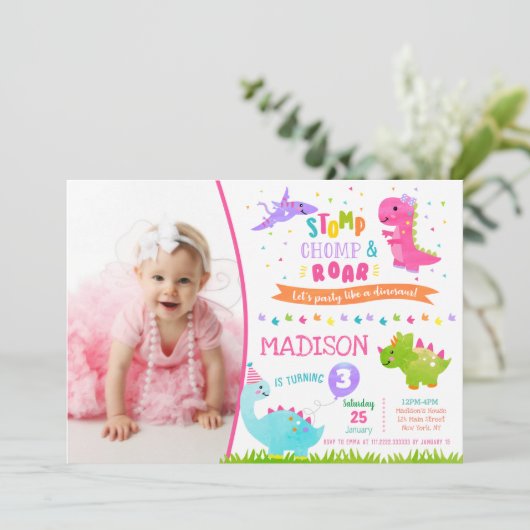 Dinosaur Birthday Einladung für Mädchen (Stehend Vorderseite)