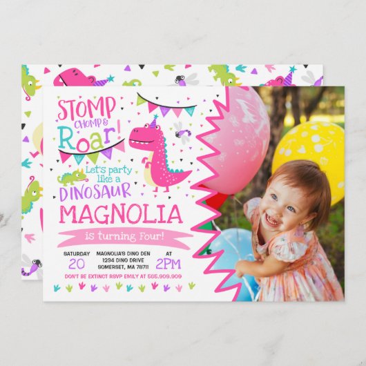 Dinosaur Birthday Einladung Girl Dinosaur Party (Vorne/Hinten)