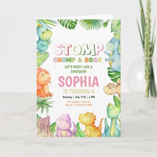 Dinosaur Birthday Einladung Girls Dino Geburtstag (Vorderseite)
