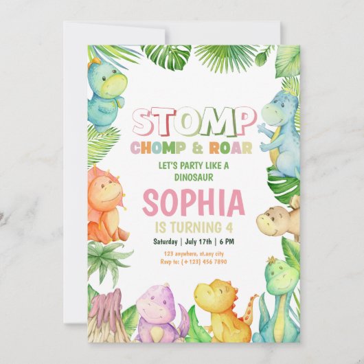 Dinosaur Birthday Einladung Girls Dino Geburtstag (Vorderseite)
