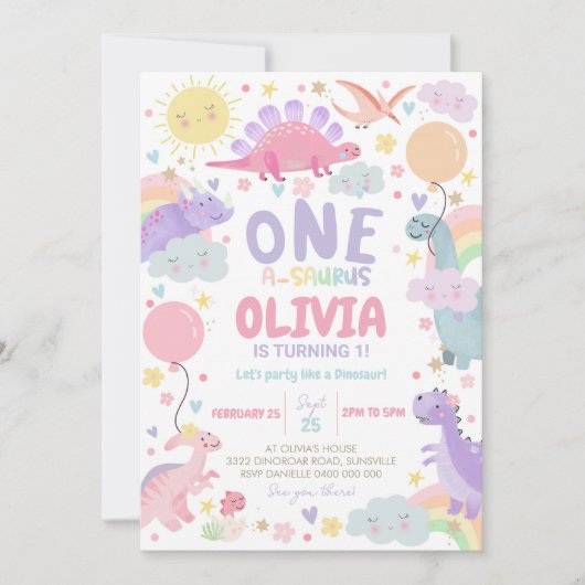 DINOSAUR BIRTHDAY Einladung Mädchen One-a-saurus (Vorderseite)