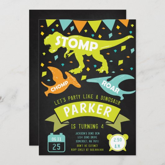 Dinosaur Birthday Einladung Modernes Chalkboard (Vorne/Hinten)