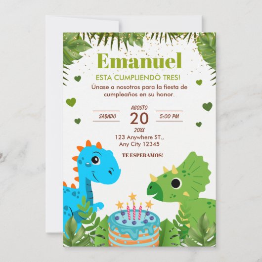Dinosaur Birthday Einladung, Spanisch Einladung (Vorderseite)
