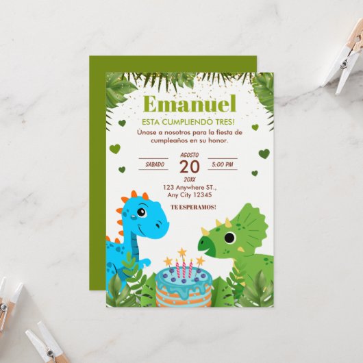 Dinosaur Birthday Einladung, Spanisch Einladung (Vorderseite/Rückseite Beispiel)