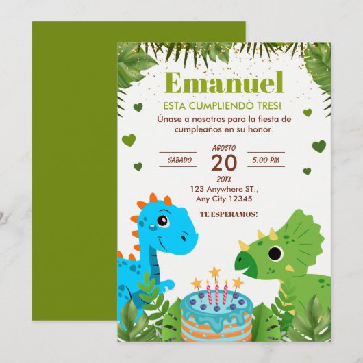 Dinosaur Birthday Einladung, Spanisch Einladung (Vorne/Hinten)