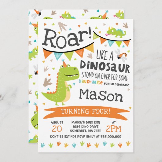 Dinosaur Birthday Invitation Dinosaur Roar Party Einladung (Vorne/Hinten)