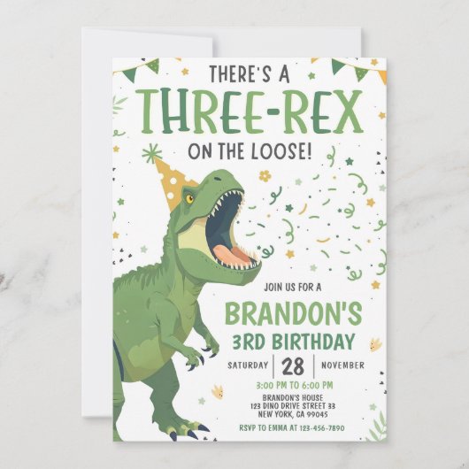 Dinosaur Birthday Invitation, Editable Three Rex 3 Einladung (Vorderseite)
