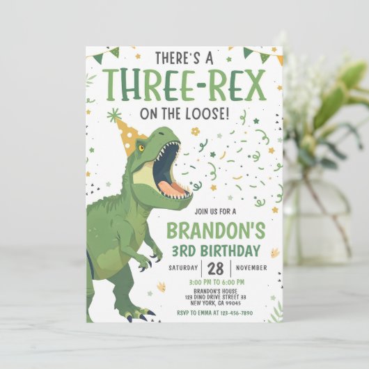 Dinosaur Birthday Invitation, Editable Three Rex 3 Einladung (Stehend Vorderseite)