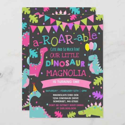 Dinosaur Birthday Invitation Girl Dinosaur Party Einladung (Vorne/Hinten)