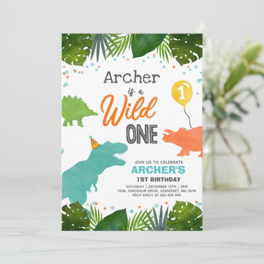 Dinosaur Birthday Invite Wild One Dinosaur Party Einladung (Stehend Vorderseite)