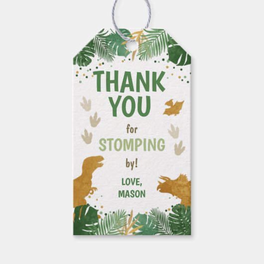 Dinosaur Birthday Labels Boy Dino Party Green Gold Geschenkanhänger (Vorderseite)