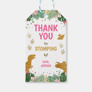 Dinosaur Birthday Labels Girl Dino Party Pink Gold Geschenkanhänger