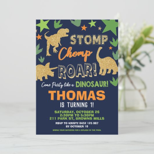 Dinosaur Birthday Party Bash Boy Roarsome Einladung (Stehend Vorderseite)