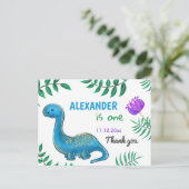 Dinosaur Birthday Party | Blue Dino Vielen Dank Postkarte (Stehend Vorderseite)