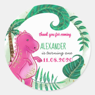 Dinosaur Birthday Party Niedlich T-Rex Pink Vielen Runder Aufkleber