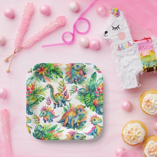 Dinosaur Birthday Party Niedliches Aquarellmuster Pappteller (Party)