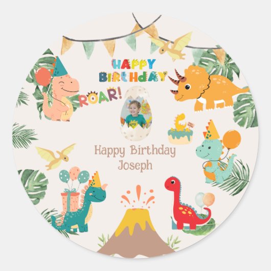 Dinosaur Birthday Party Paper Plate - Custom Foto Runder Aufkleber (Vorderseite)