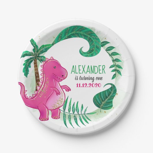 Dinosaur Birthday Party | Pink Trex Dino Pappteller (Vorderseite)