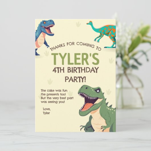 Dinosaur Birthday Party Vertikal Danke Karte (Stehend Vorderseite)