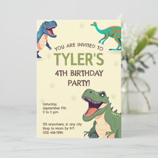 Dinosaur Birthday Party Vertikale Einladung (Stehend Vorderseite)