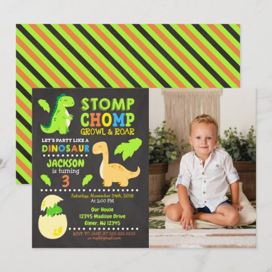 Dinosaur Birthday Photo Invitation for a Boy Einladung (Vorne/Hinten)