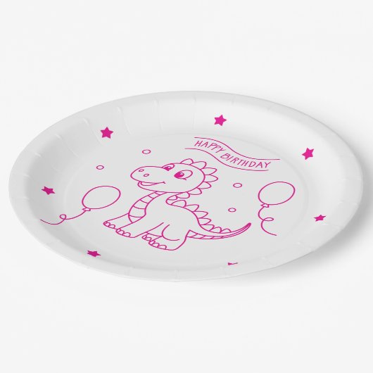 dinosaur birthday pink and white pappteller (Schrägansicht)