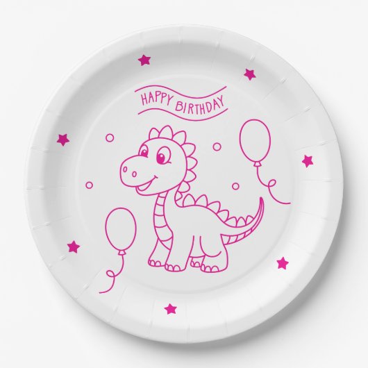 dinosaur birthday pink and white pappteller (Vorderseite)