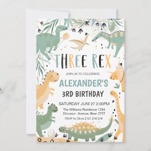 Dinosaur Birthday Three Rex Einladung Boy Dino (Vorderseite)
