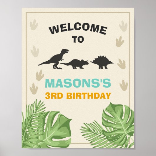 Dinosaur Birthday Welcome Sign Boy Blätter Party Poster (Vorne)