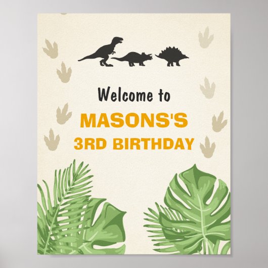 Dinosaur Birthday Welcome Sign Boy Blätter Party Poster (Vorne)