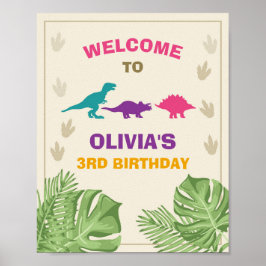 Dinosaur Birthday Welcome Sign Girl Blätter Party Poster