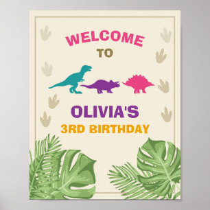 Dinosaur Birthday Welcome Sign Girl Blätter Party Poster