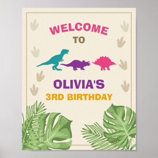 Dinosaur Birthday Welcome Sign Girl Blätter Party Poster (Vorne)