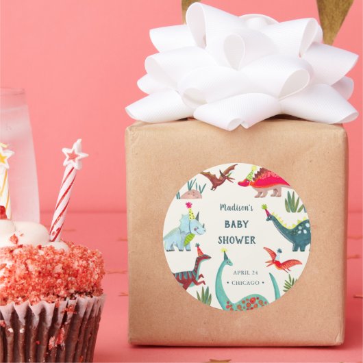 Dinosaur blue baby shower party runder aufkleber (Party)