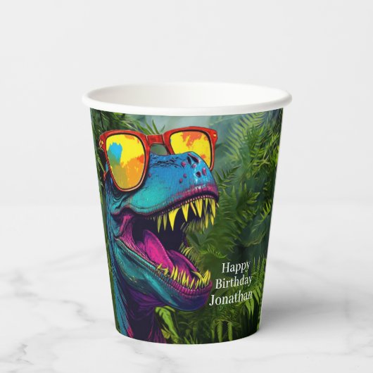 Dinosaur Blue Happy Birthday Pappbecher (Rückseite)