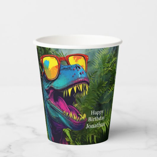 Dinosaur Blue Happy Birthday Pappbecher (Vorderseite)