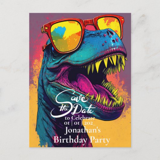 Dinosaur Blue T-Rex Save the Date Postkarte (Vorderseite)