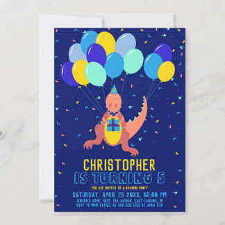 Dinosaur Blue Yellow Balloon Confetti Boy Birthday Einladung