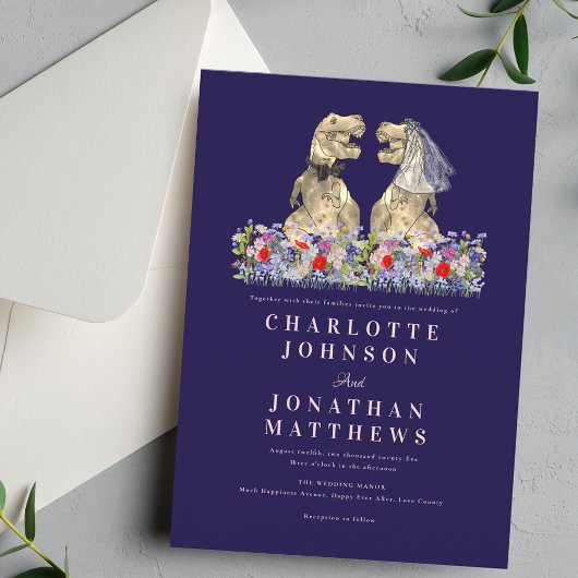 Dinosaur Boho Wildflower Navy Blue Blush Pink Einladung