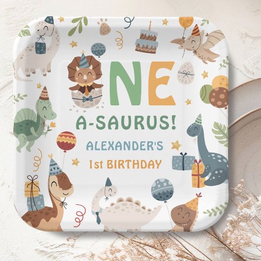 Dinosaur Boy 1st Birthday One A-Saurus Party Pappteller
