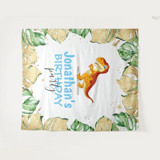 Dinosaur Boy BIRTHDAY Blue Hintergrund Wandteppich (Vorderseite (Horizontal))