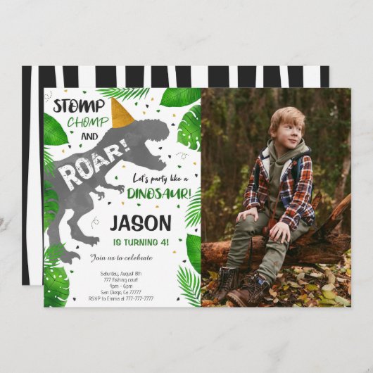 Dinosaur Boy Birthday Party Foto Einladung (Vorne/Hinten)