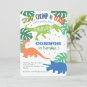Dinosaur, Boy Birthday Party, Green, Blue Birthday Einladung (Stehend Vorderseite)