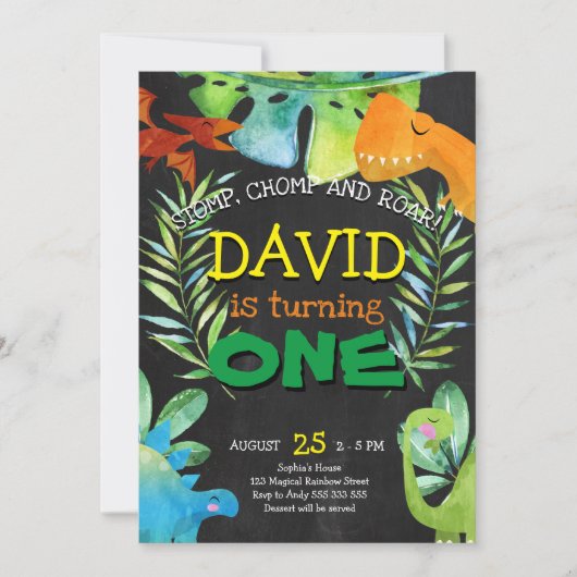Dinosaur Boy Erster Geburtstag 1. Dino Party Einladung (Vorderseite)