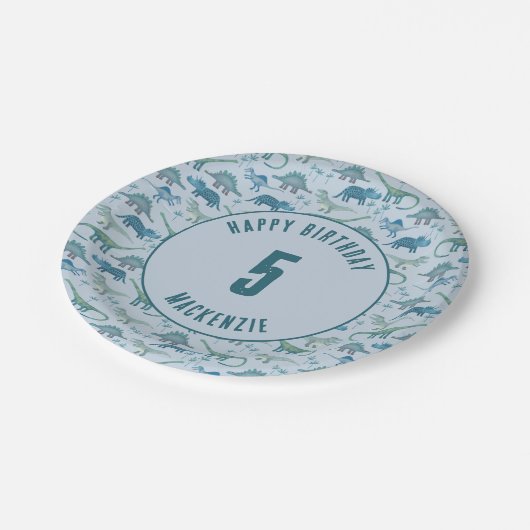 Dinosaur Boy Kindergeburtstag Party Blue Pappteller (Schrägansicht)
