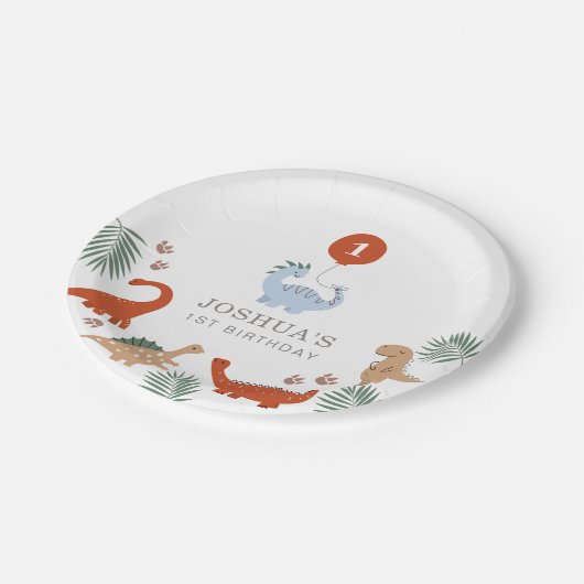 Dinosaur Boys Erster 1. Geburtstag Pappteller (Schrägansicht)