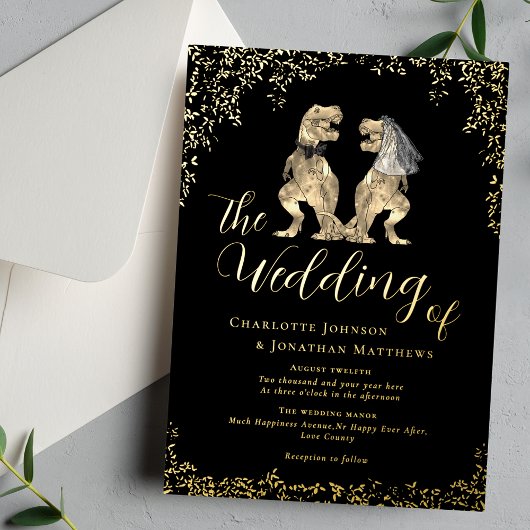 Dinosaur Bride and Groom Wedding Black and Gold Folieneinladung
