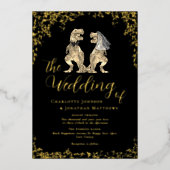 Dinosaur Bride and Groom Wedding Black and Gold Folieneinladung (Vorderseite)