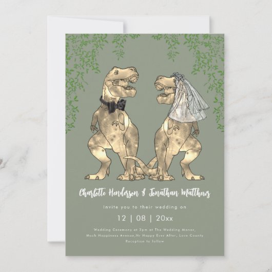Dinosaur Bride & Groom Sage Green Wedding QR Code Einladung (Vorderseite)