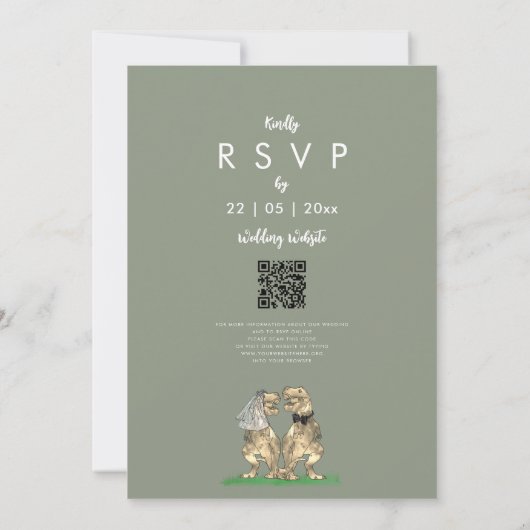 Dinosaur Bride & Groom Sage Green Wedding QR Code Einladung (Rückseite)